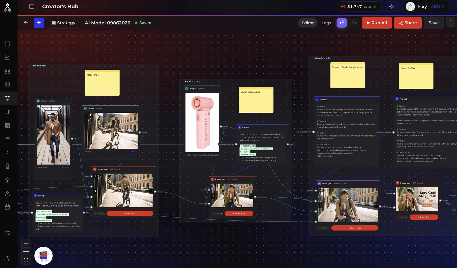 The Creators Hub canvas with a storyboard of generated frames wired together
